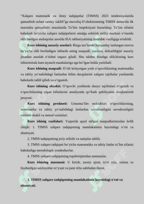 TIMSS (Trends in International Mathematics and Science Study (TIMSS) 4 va 8-sinf oquvchilarining matematika va tabiiy yonalishdagi fanlardan ozlashtirish darajasini baholash uchun) tadqiqotlari haqida umumiy tushuncha 6