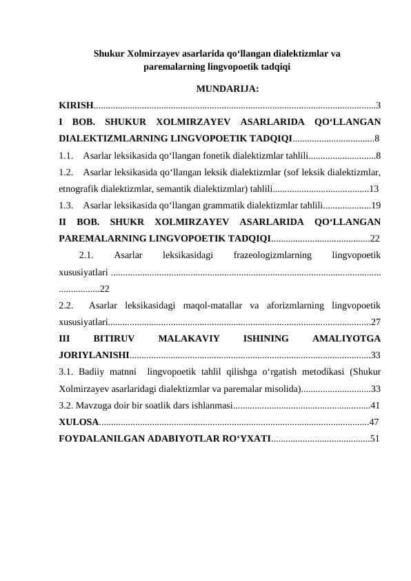 Shukur Xolmirzayev asarlarida qo‘llangan dialektizmlar va  paremalarning lingvopoetik tadqiqi