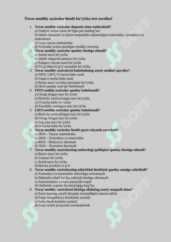 Tayyor mahsulot va uni sotishning hisobi test 4