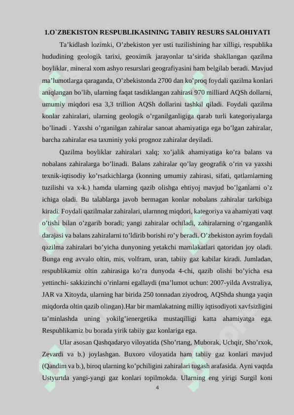 “O`zbekiston Respublikasida viloyat va qishloq tumanlarining tabiiy resurslardan foydalanish istiqbollari” 4