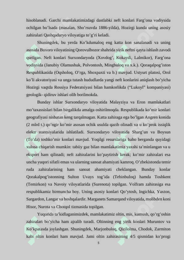 “O`zbekiston Respublikasida viloyat va qishloq tumanlarining tabiiy resurslardan foydalanish istiqbollari” 5