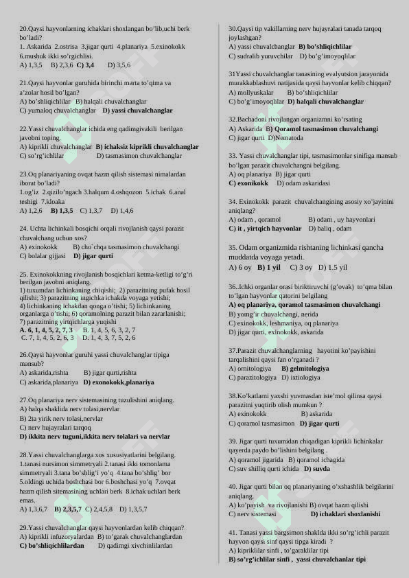 Yassi chuvalchanglar tipi ( kiprikli, so’rg’ichli, tasmasimon chuvalchanglar) sinfi 2