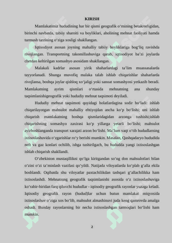 “O`zbekistonning iqtisodiy-geografik rayonlashtirilishi” 2
