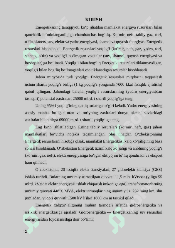 “Yer yuzidagi umumiy energetik resurslar va ularni baholash” 2