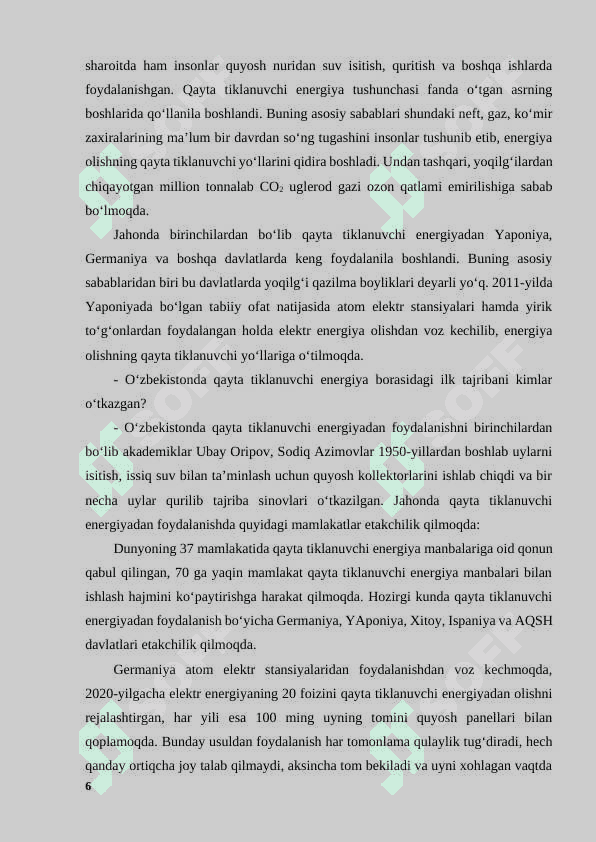 “Yer yuzidagi umumiy energetik resurslar va ularni baholash” 6