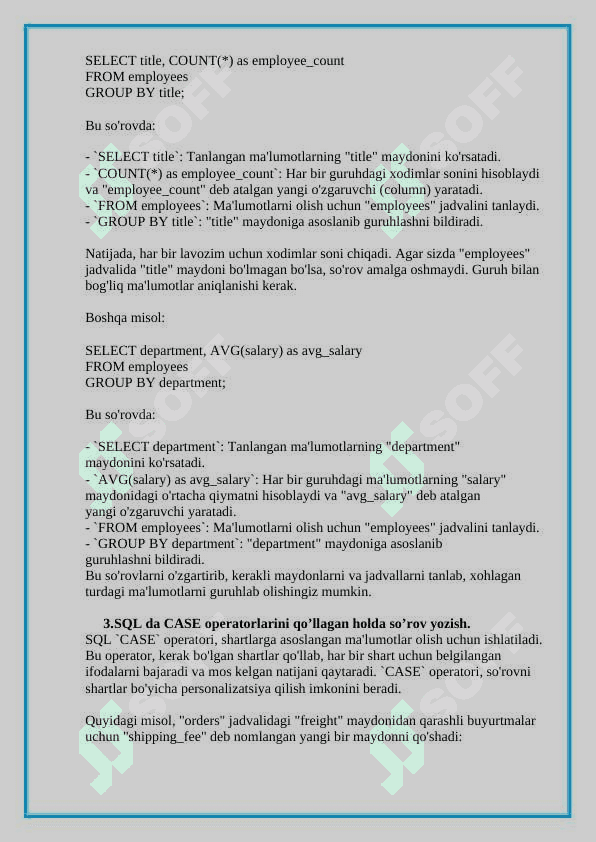 Ma’lumotlar bazasi xavfsizligi (Joins, GROUP BY ,CASE ,ALTER TABLE ) 4