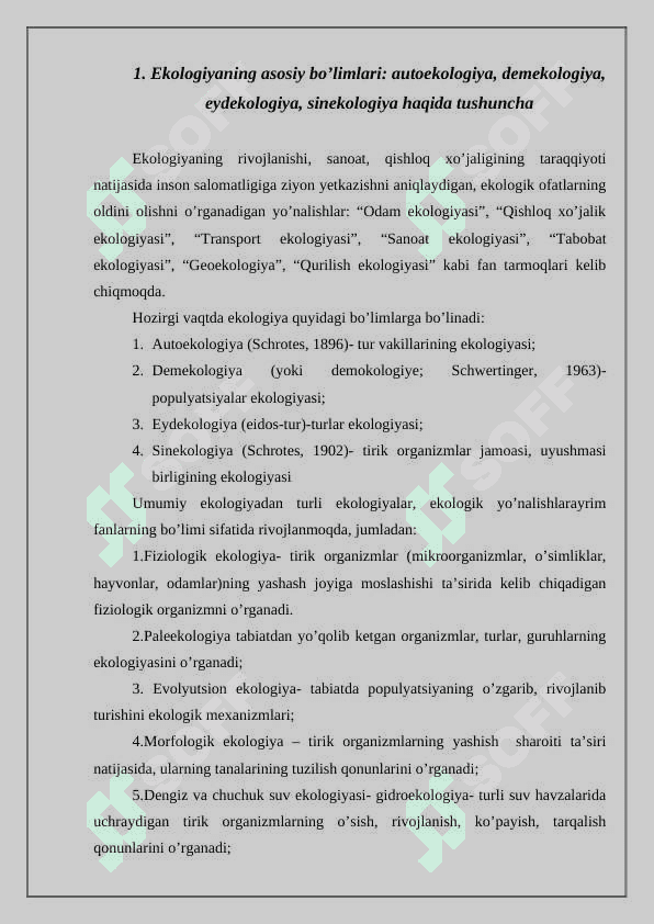 Ekologiya fani va uning bo’limlari, uslublari va vazifalari 2