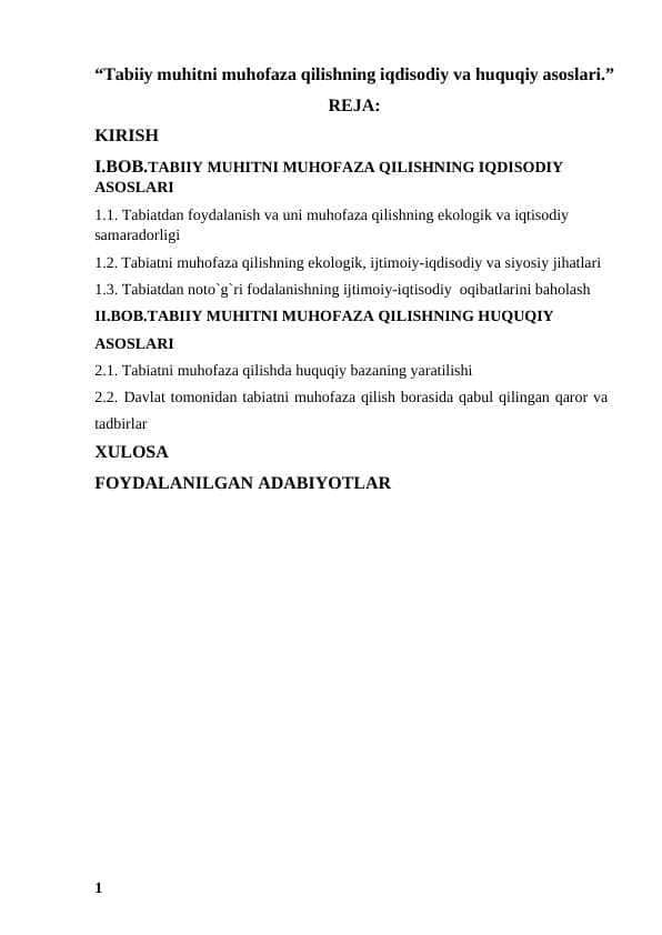 “Tabiiy muhitni muhofaza qilishning iqdisodiy va huquqiy asoslari.”