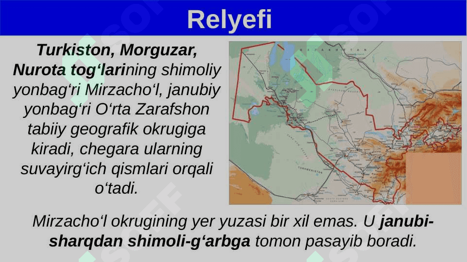 Mirzacho‘l tabiiy geografik okrugi. Iqlimi, suvlari, tuproqlari, o‘simliklari va hayvonot dunyosi 4
