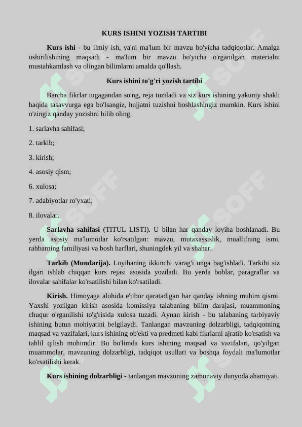 Kurs ishini bajarishingizda quyidagilarga amal qilinishi zarur: 2