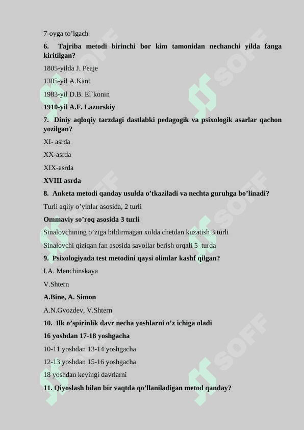 Umumiy psixologiyadan semestr uchun yakuniy nazorat testlar javobi bilan 2