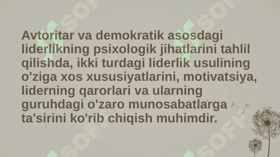 Avtoritar va demokratiya asosidagi liderlikning psixologik jihatlarini tahlil qiling. 2
