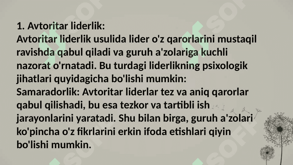 Avtoritar va demokratiya asosidagi liderlikning psixologik jihatlarini tahlil qiling. 3
