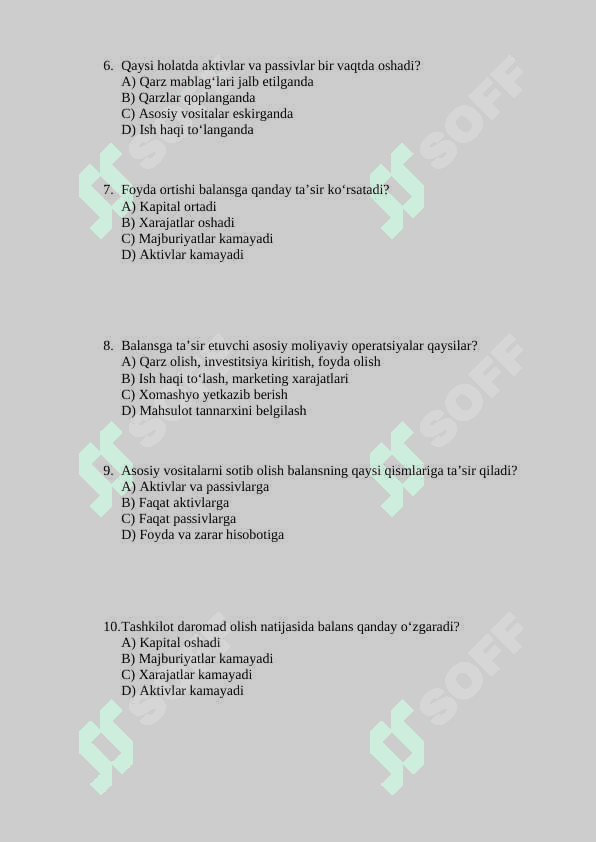 Buxgalteriya balansida sodir bo‘ladigan o‘zgarishlar test 2