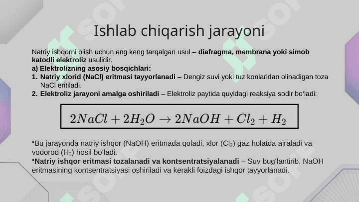 Elektrokimyoviy usulda natriy ishqori va xlor ishlab chiqarish 8