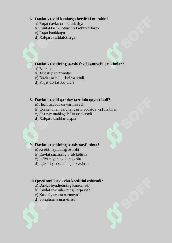 DAVLAT KREDITI BO‘YICHA TEST SAVOLLARI 2