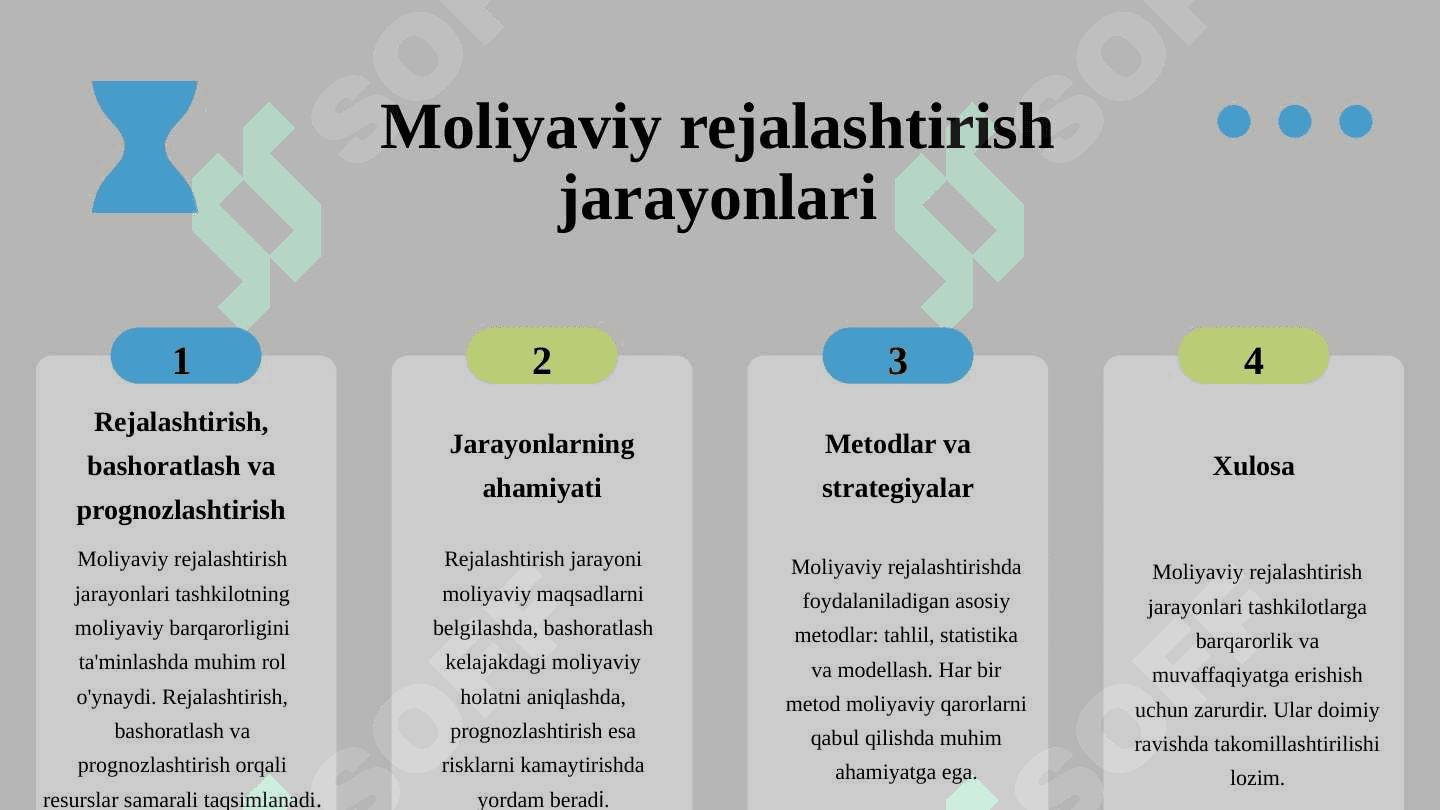 Moliyaviy rejalashtirish, bashoratlash, prognozlashtirish, dasturlashtirish, moliyaviy tartibga solish 4