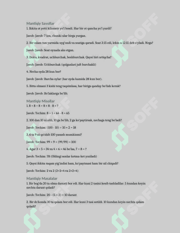 1-4 sinflar uchun Matematika. Bu faylda 5 ta test, 5 ta topishmoq, 5 ta mantiqiy savol, 5 ta mantiqiy misol va 5 ta masala to‘liq yechimlari bilan berilgan 2