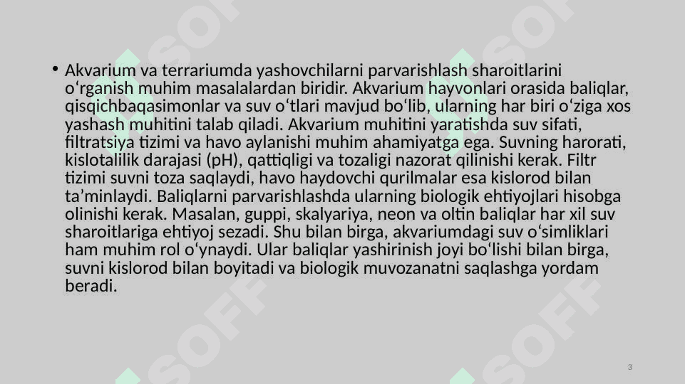 AKVARIUM VA TERRARIUMDA YASHOVCHILARNI PARVARISHLARNING SHART SHAROITINI O'RGANISH 3