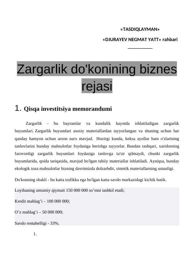 Zargarlik do'konining biznes rejasi 2025