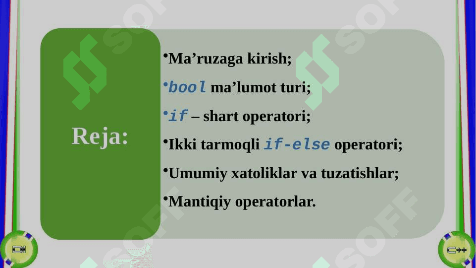 Tarmoqlanish jarayonlarini tashkil etish,shartli o’tish operatori,Shartsiz o’tish operatori,Tanlash operatori,Ternar operatori 2