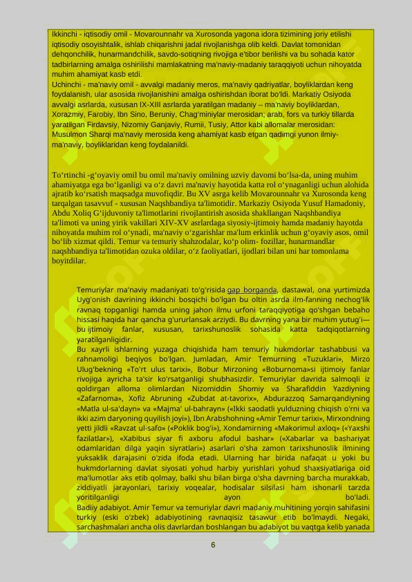Ushbu “Madaniyatshunoslik” fanidan sessiya oroliq nazorat ishi II-mutaxassislik (sirqi) ta’lim talabalari uchun metodik tavsiya sifatida ishlab chiqilgan. Talabalar ushbu metodik ishlanma, tavsiyalar yordamida “Madaniyatshunoslik” fanning mazmun-mohiyatini chuqur o‘zlashtirishi bilan birga mazkur fandan bajariladigan sessiya oraliq nazorat ishini bajarishi uchun ishlab chiqilgan. 6