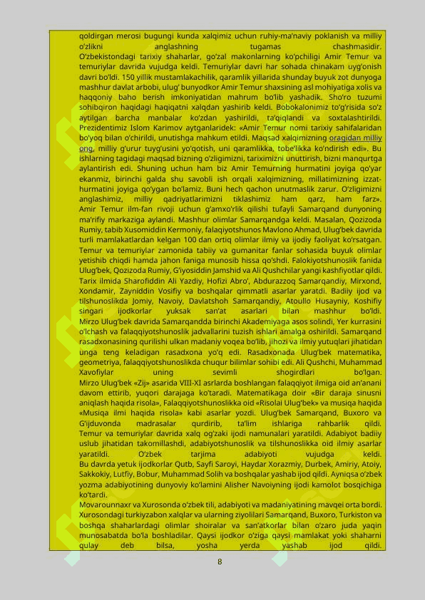 Ushbu “Madaniyatshunoslik” fanidan sessiya oroliq nazorat ishi II-mutaxassislik (sirqi) ta’lim talabalari uchun metodik tavsiya sifatida ishlab chiqilgan. Talabalar ushbu metodik ishlanma, tavsiyalar yordamida “Madaniyatshunoslik” fanning mazmun-mohiyatini chuqur o‘zlashtirishi bilan birga mazkur fandan bajariladigan sessiya oraliq nazorat ishini bajarishi uchun ishlab chiqilgan. 8