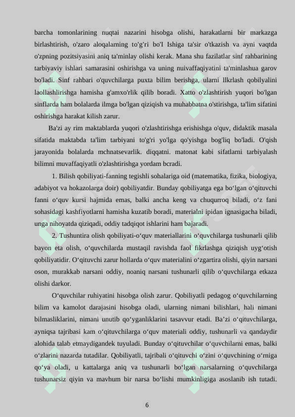 TARBIYAVIY ISHLARNI AMALGA OSHIRISHDA SINF RAXBARINING PEDAGOGIK MAHORATI 6