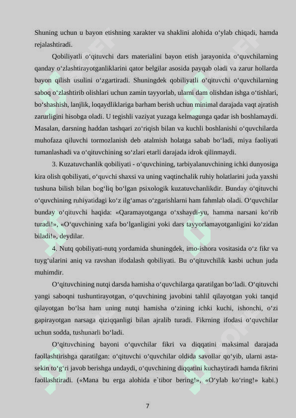 TARBIYAVIY ISHLARNI AMALGA OSHIRISHDA SINF RAXBARINING PEDAGOGIK MAHORATI 7