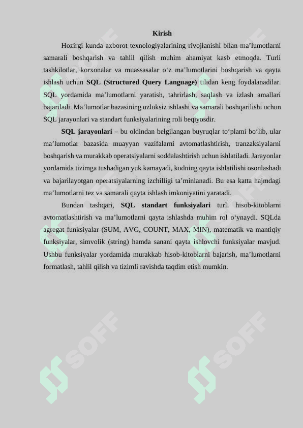 SQLda jarayonlar va standart funksiyalar 3