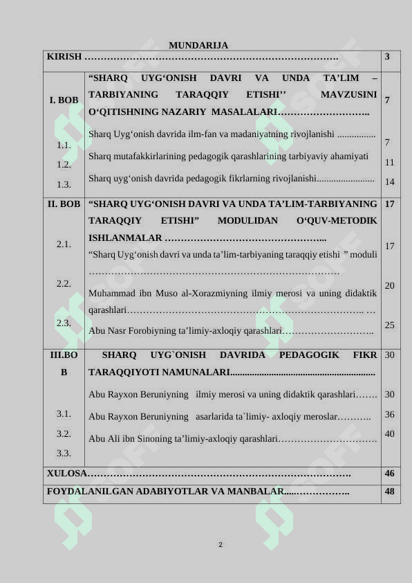 SHARQ UYG`ONISH DAVRIDA PEDAGOGIK FIKR TARAQQIYOTI (Al-Xorazmiy, al-Farobiy, Abu Rayhon Beruniy, Abu Ali ibn Sinoning ta`lim-tarbiyaga oid qarashlari) 2