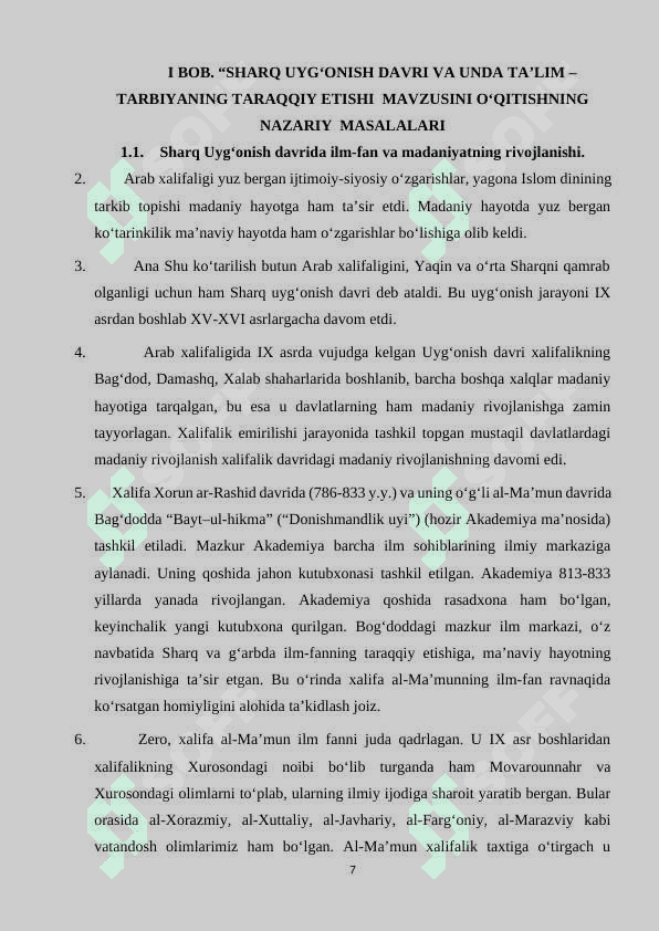 SHARQ UYG`ONISH DAVRIDA PEDAGOGIK FIKR TARAQQIYOTI (Al-Xorazmiy, al-Farobiy, Abu Rayhon Beruniy, Abu Ali ibn Sinoning ta`lim-tarbiyaga oid qarashlari) 7