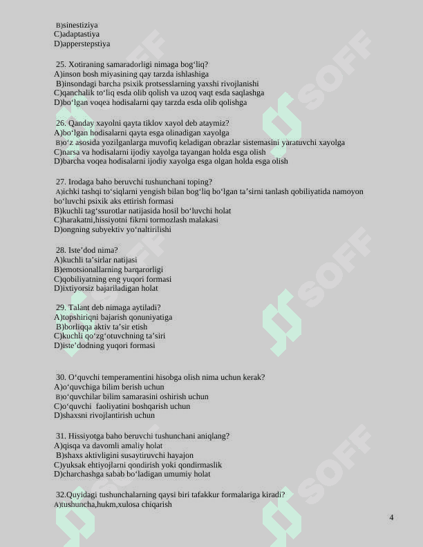 Umumiy psixologiyadan tushgan test 4
