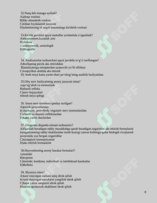 Umumiy psixologiyadan tushgan test 8