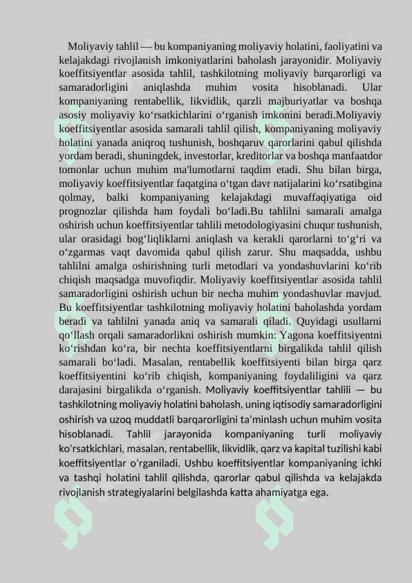 Moliyaviy koeffitsiyentlar asosida   tahlil samaradorligini oshirish. 2