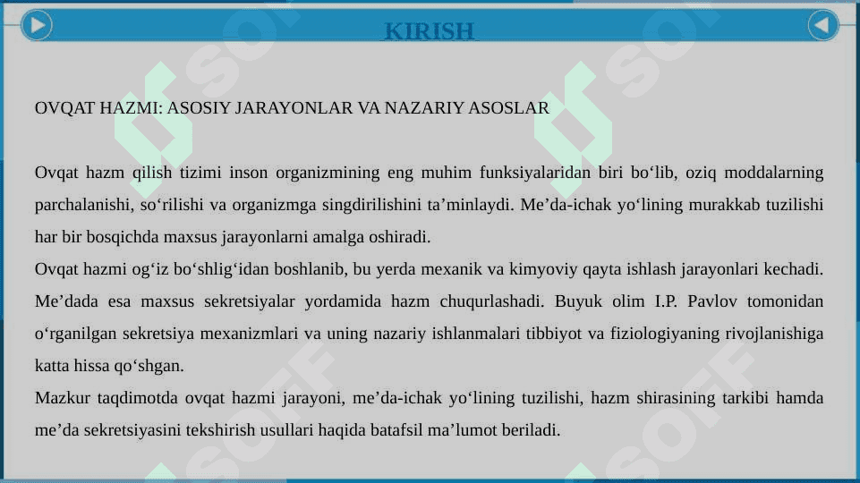 Ovqat hazmi. Me’da-ichak yo‘lining tuzilishi. Og‘iz bo‘shlig‘ida ovqat hazmi, me’da. Me’da sekretsiyasini tekshirish usullari. Basov hamda I.P.Pavlov ishlari. Hazm shirasining tarkibi. 2