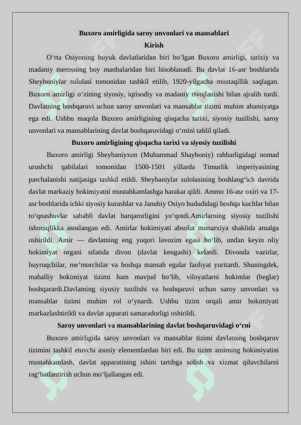 Buxoro amirligida saroy unvonlari va mansablari. 2