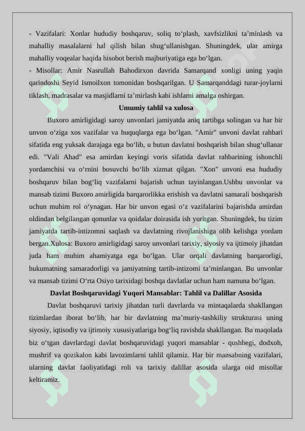 Buxoro amirligida saroy unvonlari va mansablari. 6