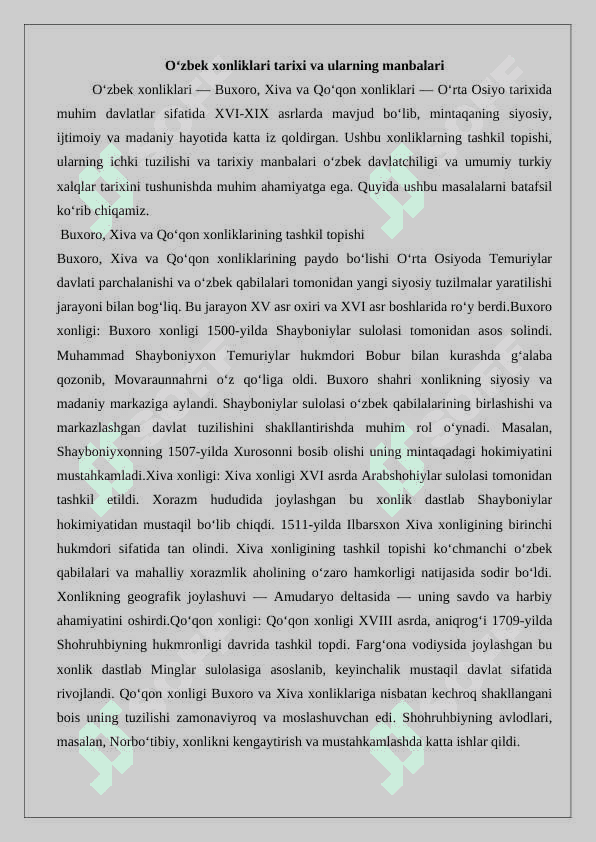 O‘zbek xonliklari davriga oid manbalar va adabiyotlar 5