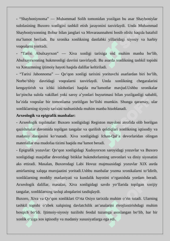 O‘zbek xonliklari davriga oid manbalar va adabiyotlar 7