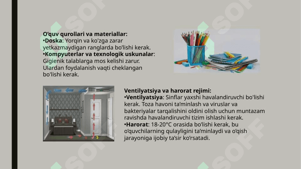 Maktablarni jixozlashga va o’quv qurollariga bo’lgan gigienik talablar. Maktabda o’qitish va tarbiyalash sharoitlarini optimallashtirish asoslari 4