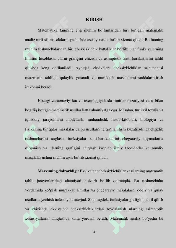 EKVIVALENT CHEKSIZ KICHIKLARDAN FUNKSIYA LIMITINI TOPISHDA FUNKSIYA GRAFIGINI CHIZISHDA FOYDALANISH. FUNKSIYANING CHEKSIZLIGI LIMITI VA UNING XOSSALARI 2