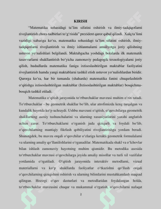 MAKTABDA TO‘RTBURCHAKLAR MAVZUSINI O‘QITISH METODIKASI 2