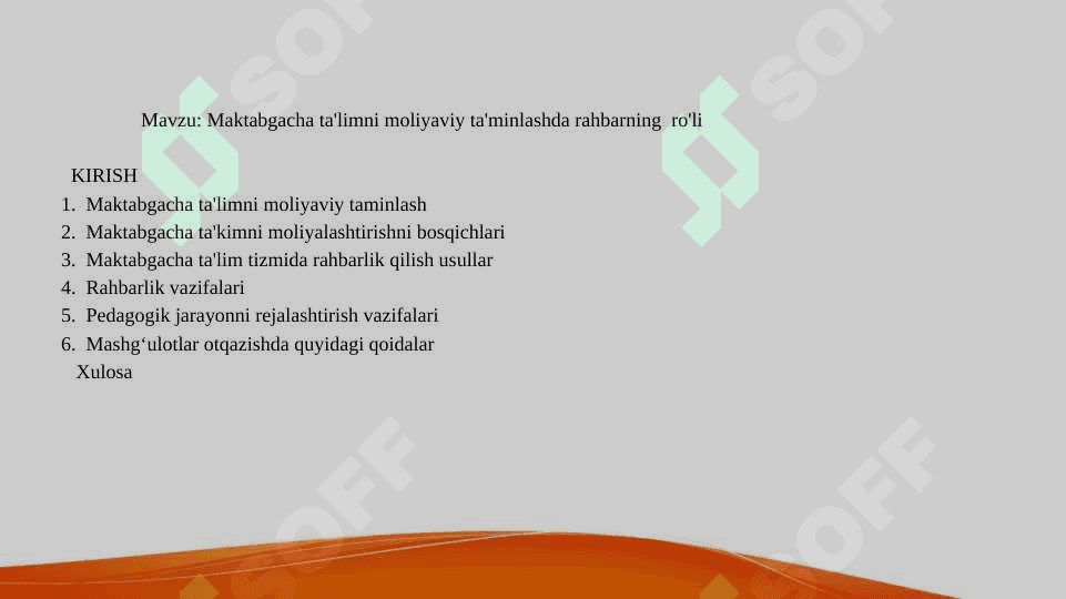 maktabgacha talimni moliyaviy ta'minlashda rahbarning roli kurs ishi taqdimoti 2