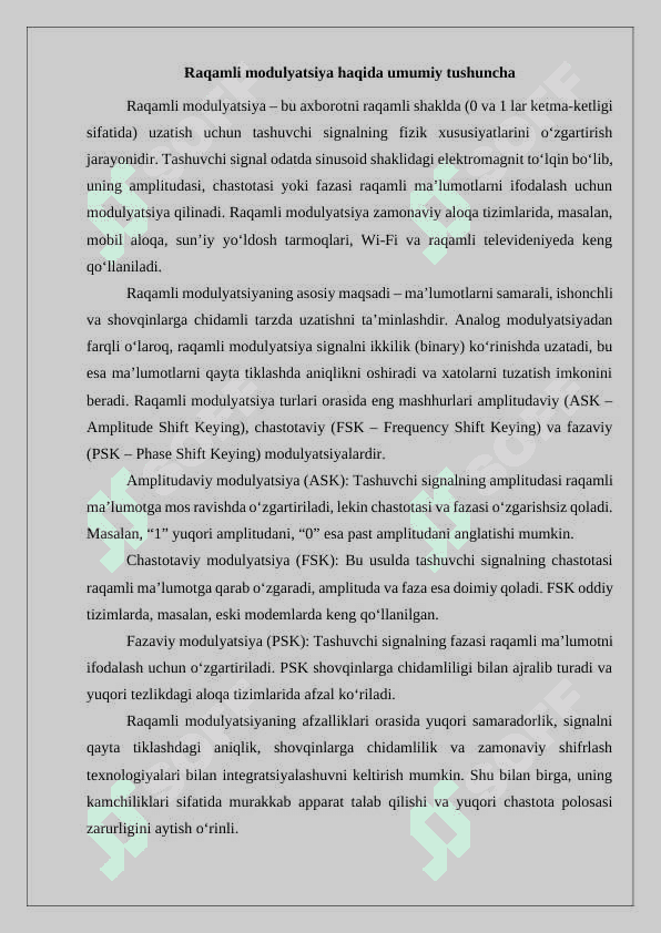 Teleradioeshittirishdagi raqamli amplitudaviy, fazaviy va chastotaviy modulyatorlar 4