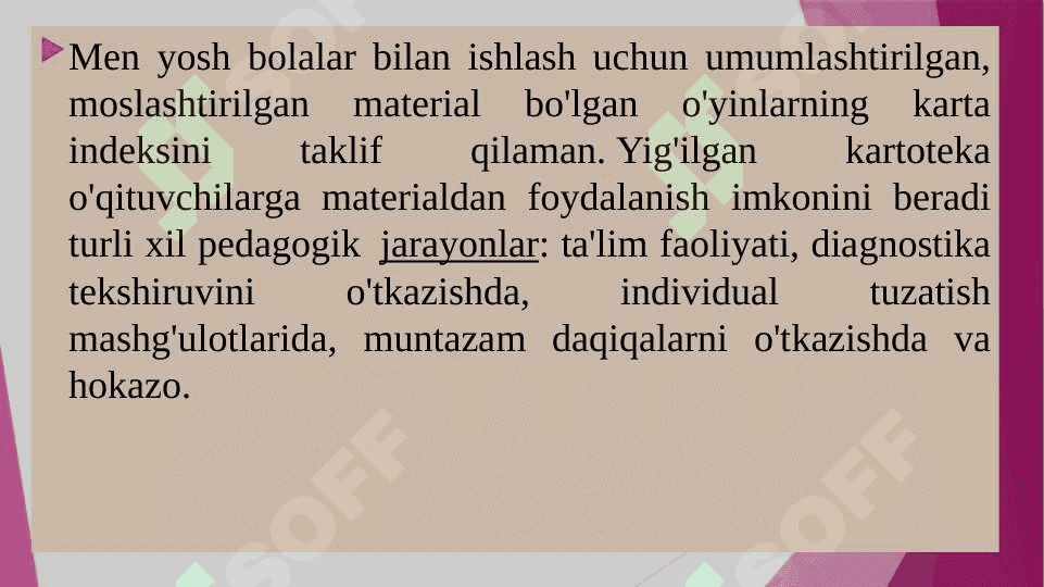 Koxlear implantantli bolalarni eshituv nutqiy idrokini rivojlantirish bo‘yicha o‘yinlarni o‘tkazish. 6