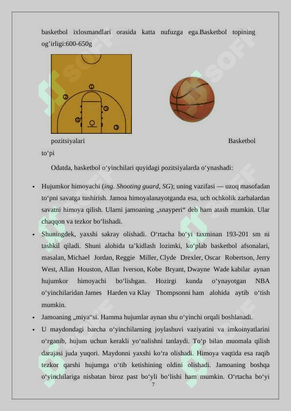 Basketbol o‘yini  maydoni o‘lchamlari 7