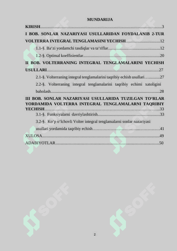SONLAR NAZARIYASI USULLARIDAN FOYDALANIB 2-TUR VOLTERRA  INTEGRAL TENGLAMASINI TAQRIBIY YECHISH 2