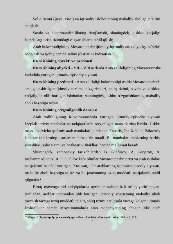 Arab xalifaligining Movarounnahrda yuritgan ijtimoiy-iqtisodiy siyosati. 5