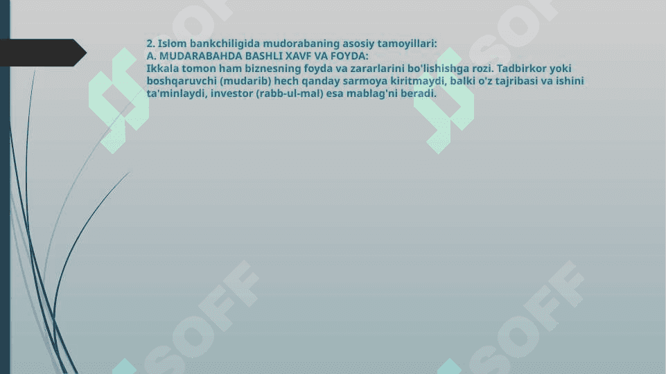 mudarabaga shariat talablari . mudarabada aqsh standartlari. mudarabani islomiy sanoatda qo’llash 7